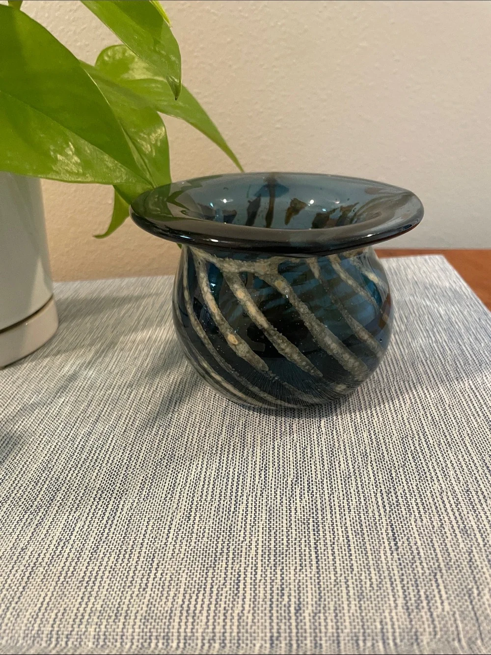 Vintage Mdina-Style Art Glass Vase | Blue & Sand Chevron Swirl | Malta-Inspired